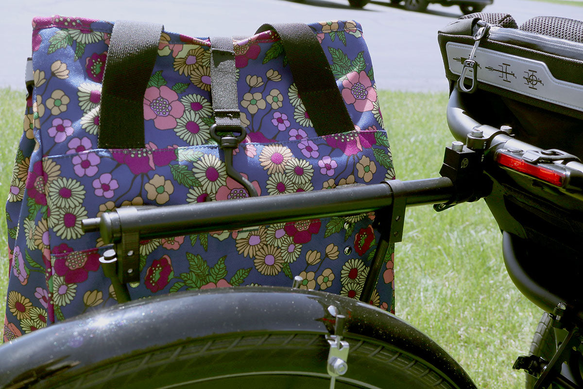 T-Cycle Easy Trike Rack (Reversible One Side) 1.0in mounted on a green ICE Adventure, with Po Campo Orchard Grocery Pannier