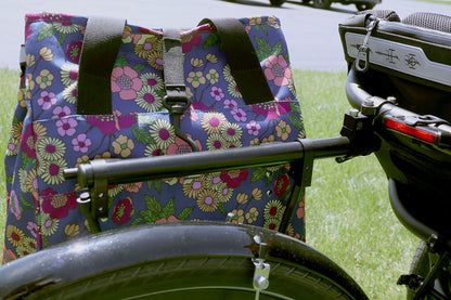 T-Cycle Easy Trike Rack (Reversible One Side) 1.0in mounted on a green ICE Adventure, with Po Campo Orchard Grocery Pannier
