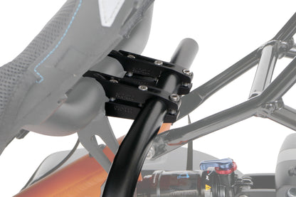T-Cycle HP Velotechnik Scorpion Ergomesh Std Classic SeatSide Mount Kit with bag mounted to orange HPV Scorpion studio image clamps closeup 2