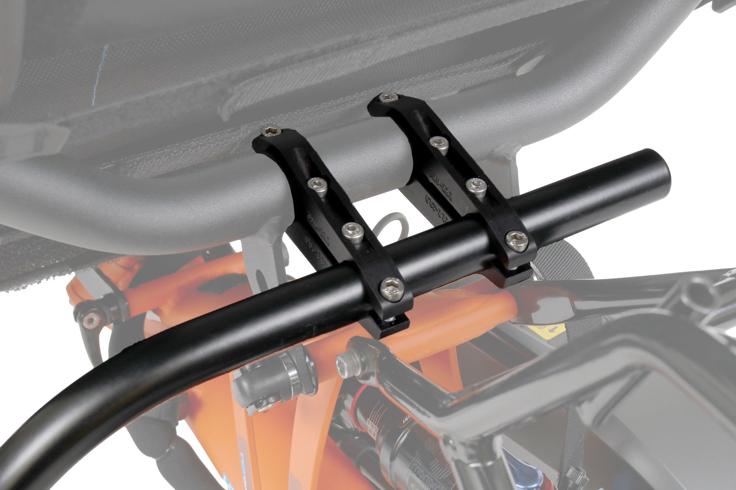 T-Cycle HP Velotechnik Scorpion Ergomesh Std Classic SeatSide Mount Kit with bag mounted to orange HPV Scorpion studio image clamps closeup