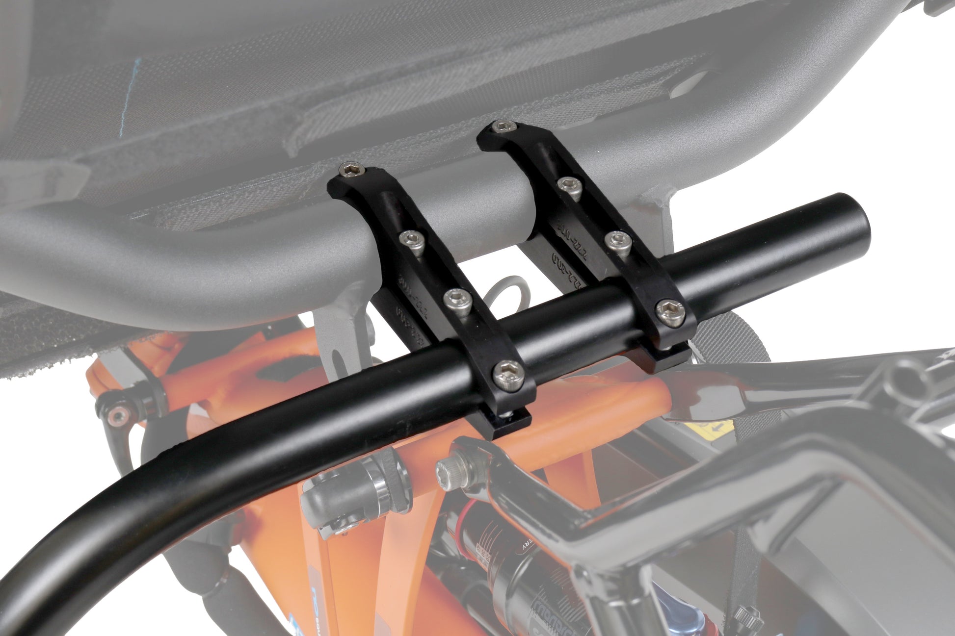 T-Cycle HP Velotechnik Scorpion Ergomesh Std Classic SeatSide Mount Kit with bag mounted to orange HPV Scorpion studio image clamps closeup