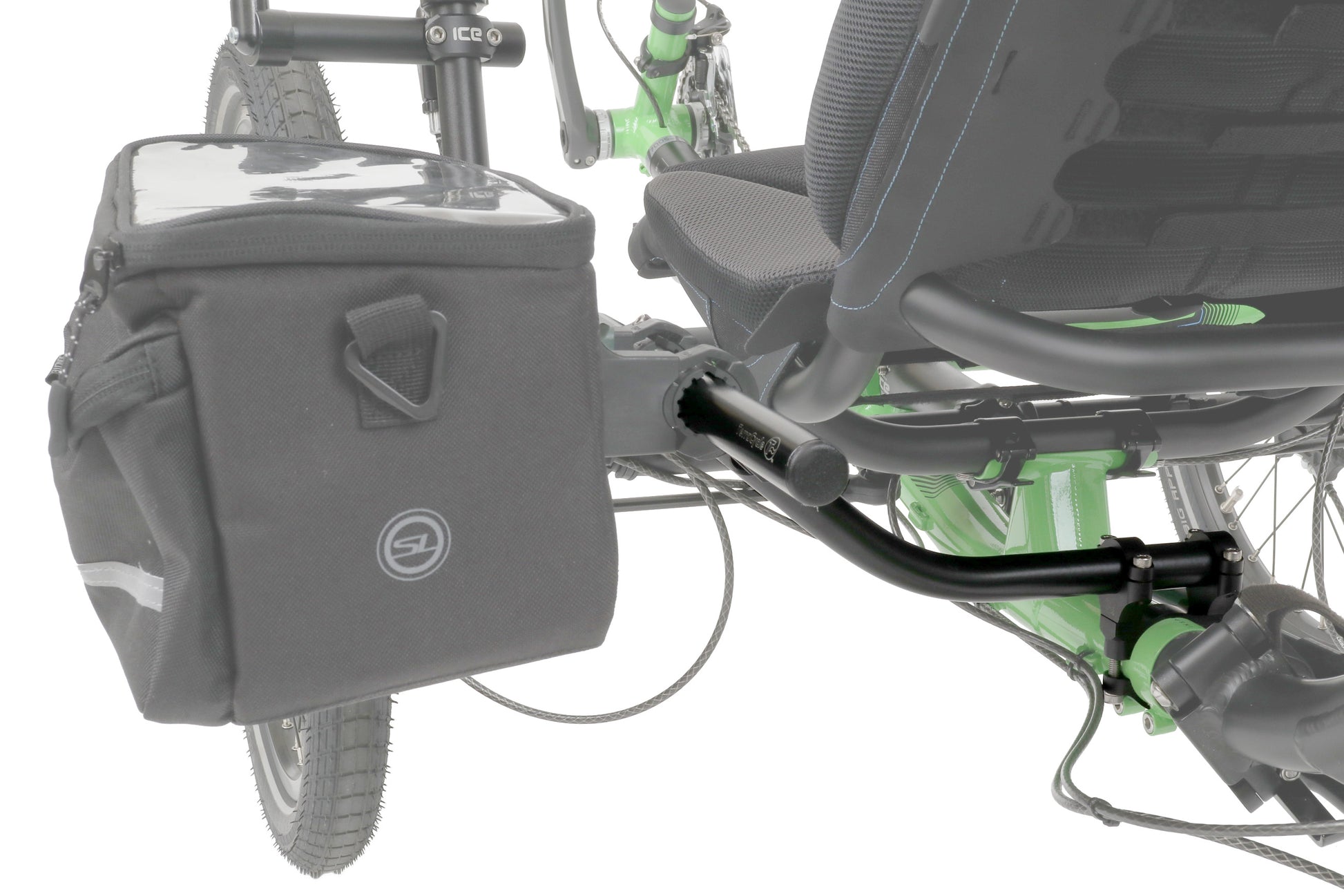 T-Cycle ICE SeatSide Main Frame Mount Kit mounted to ice trike with bag