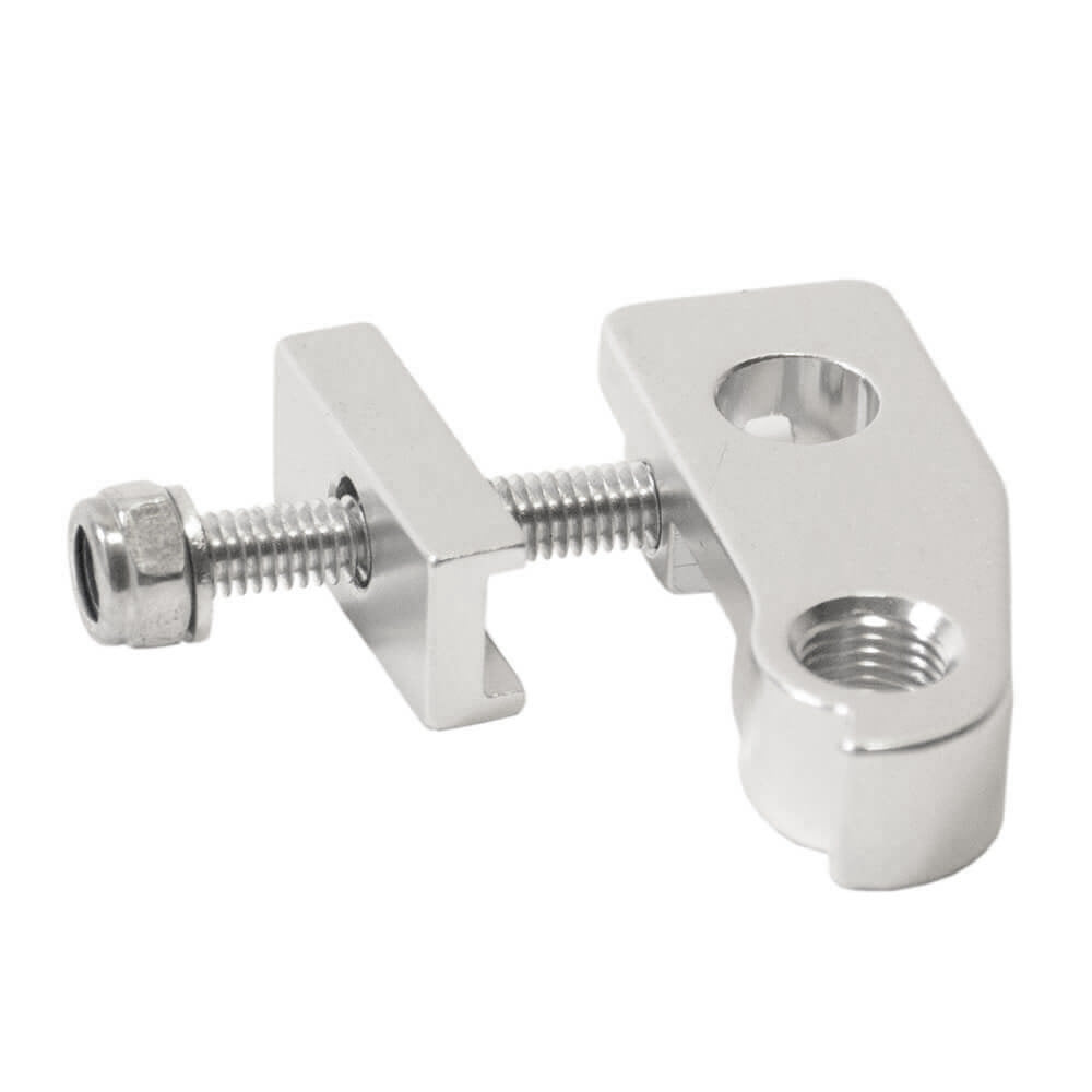 Studio image of silver TerraTrike Rover derailleur hanger and bolt.
