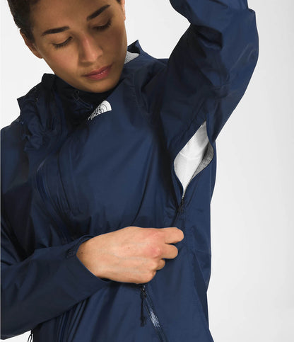 The North Face Womens Alta Vista Jacket Summit Navy being worn by model armpit ventilation zipper closeup studio image