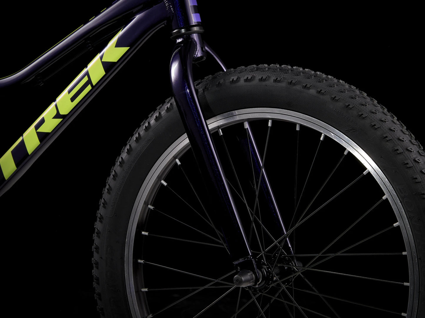 Trek Precaliber Kids Single Speed Bike 20 inch Purple Abyss, studio front fork view