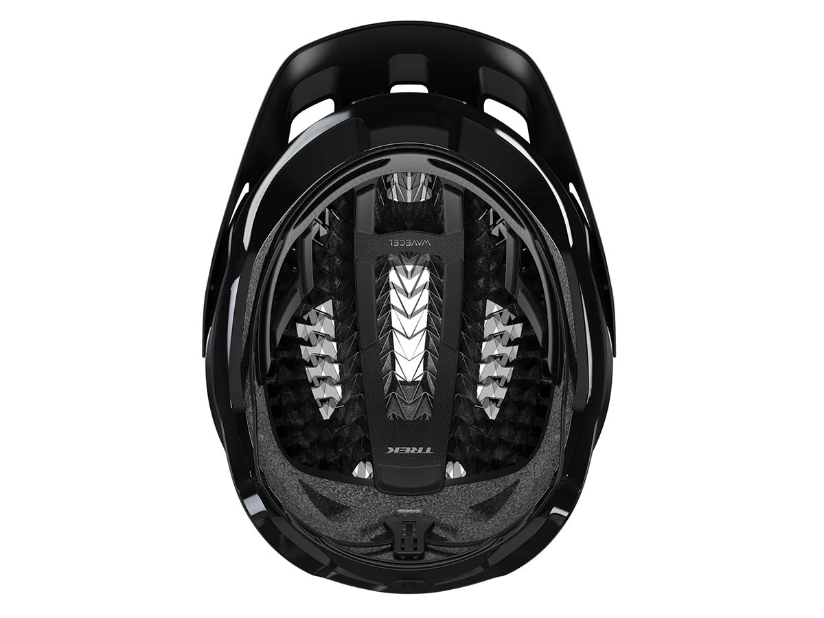 Studio inside view of a black bicycle helmet with a visor and fit system.