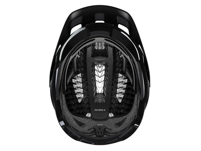 Studio inside view of a black bicycle helmet with a visor and fit system.