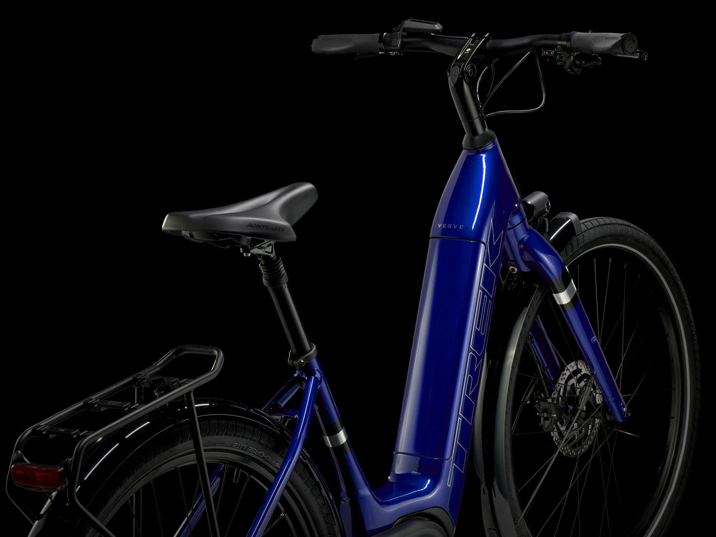 Trek Verve+ 3 Lowstep Gen 3 e-Bike Hex Blue, studio rear quarter view