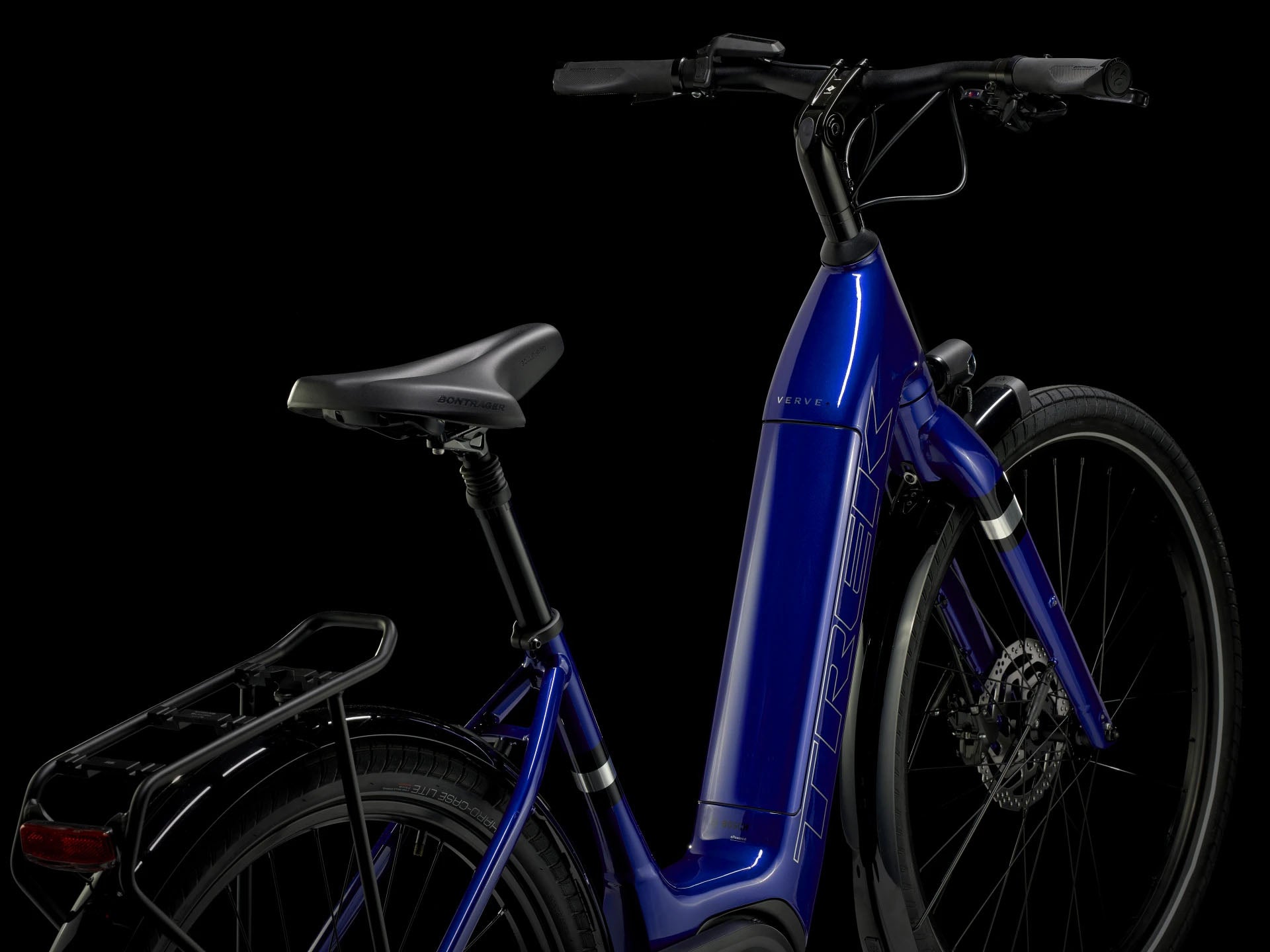 Trek Verve+ 3 Lowstep Gen 3 e-Bike Hex Blue, studio rear quarter view