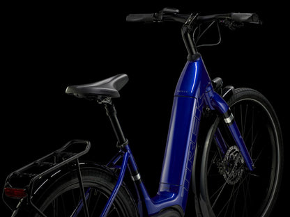 Trek Verve+ 3 Lowstep Gen 3 e-Bike Hex Blue, studio rear quarter view