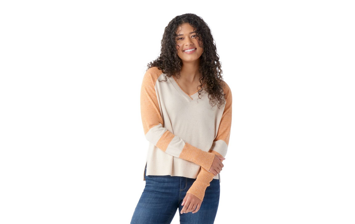 Smartwool Womens Edgewood V-Neck Almond Model Studio Image Front