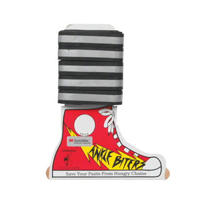 Front view of the Aardvark Ankle Biters Reflective Leg Band Black 25 count on a cardboard shoe against a white background.