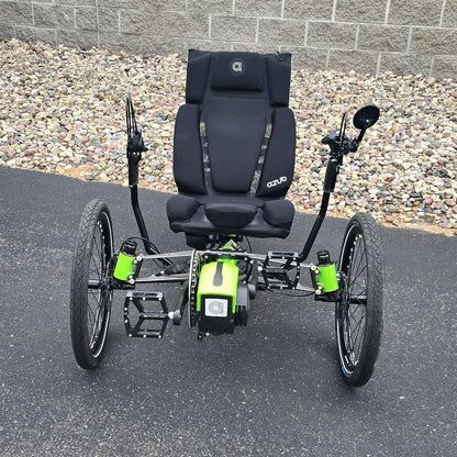 Front view of the Azub Demo Ti-Fly 26 Bosch Performance CX Lime Green Recumbent Trike in an outdoor setting.