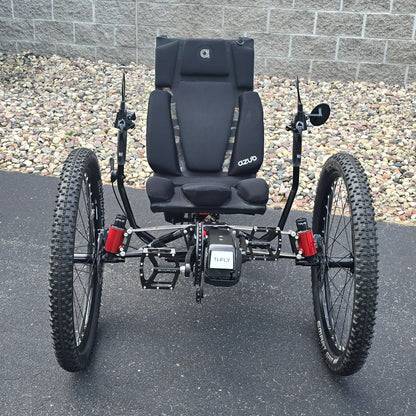 Front view of the Azub Demo Ti-Fly X Shimano EP6 Ruby Red Recumbent Trike in an outdoor setting.