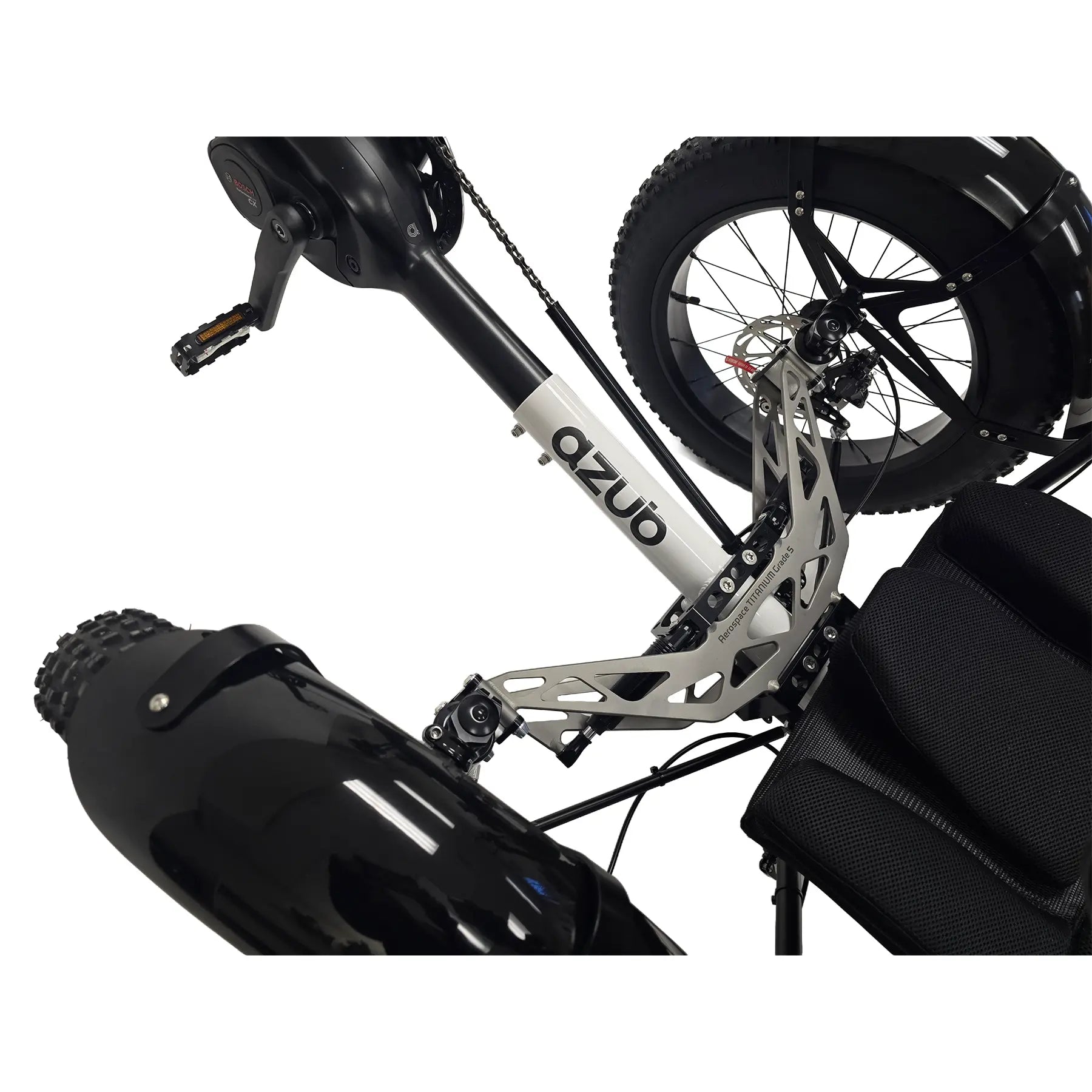 Closeup view of the logo and titanium front suspension on the Azub Limited Edition Ti-Fly X Bosch Performance CX with Rohloff E14 Shiny White Recumbent Trike against a white background.
