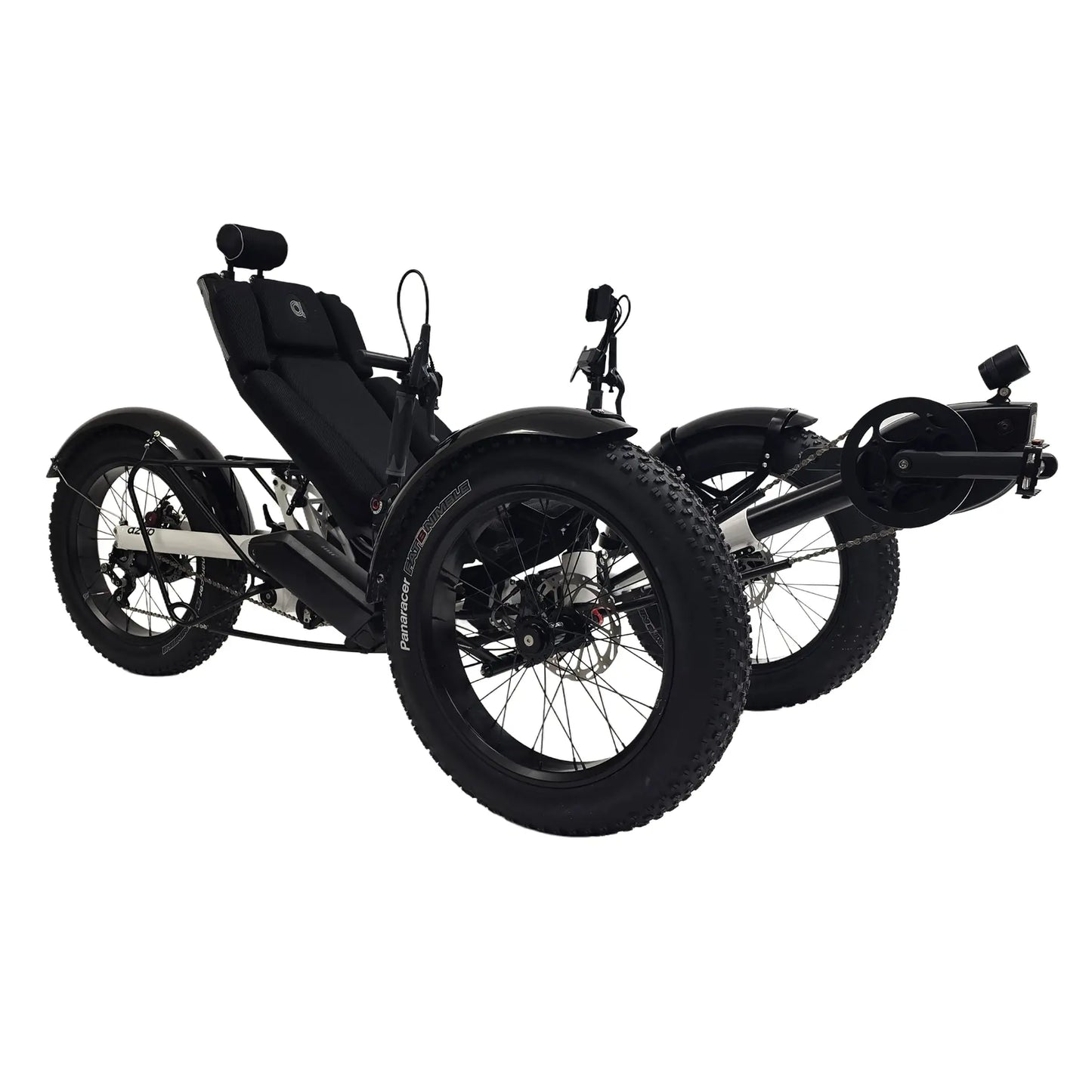 Angled side view of the Azub Limited Edition Ti-Fly X Bosch Performance CX with Rohloff E14 Shiny White Recumbent Trike against a white background.