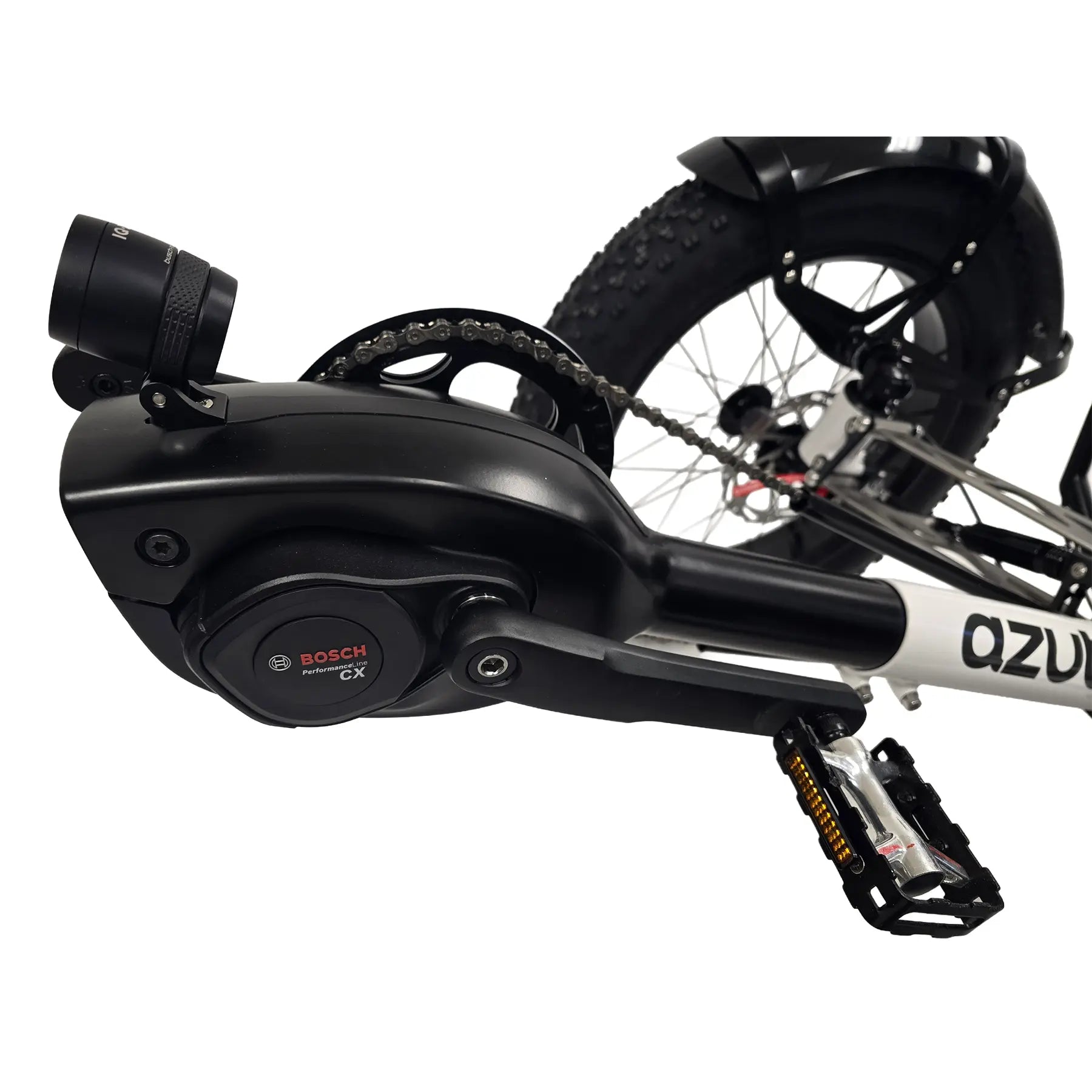 Closeup view of the Bosch performance CX motor on the Azub Limited Edition Ti-Fly X Bosch Performance CX with Rohloff E14 Shiny White Recumbent Trike against a white background.