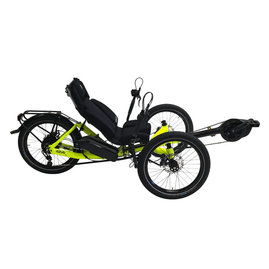 Side view of the Azub T-Trisek Bosch Enviolo Neon Yellow Shiny Recumbent Trike against a white background.