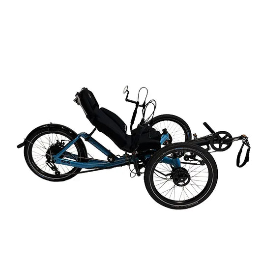 Side view of the Azub T-Trisek Enviolo Pearl Rich Blue Recumbent Trike against a white background.
