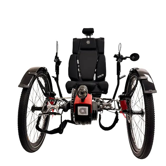 Front view of the Azub Ti-Fly X Bosch Performance CX Rohloff E14 Ruby Red Recumbent Trike With Dual 800 Wh Battery against a white background.