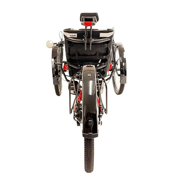 Rear view of the Azub Ti-Fly X Bosch Performance CX Rohloff E14 Ruby Red Recumbent Trike With Dual 800 Wh Battery against a white background.