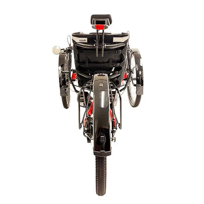 Rear view of the Azub Ti-Fly X Bosch Performance CX Rohloff E14 Ruby Red Recumbent Trike With Dual 800 Wh Battery against a white background.