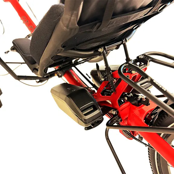 Closeup rear view of the seat, rear suspension, dual batteries and mid rack on the Azub Ti-Fly X Bosch Performance CX Rohloff E14 Ruby Red Recumbent Trike With Dual 800 Wh Battery against a white background.