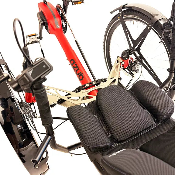 Closeup front view of the seat, fenders, front suspension, motor, Bosch controller and universal mount on the Azub Ti-Fly X Bosch Performance CX Rohloff E14 Ruby Red Recumbent Trike With Dual 800 Wh Battery against a white background.