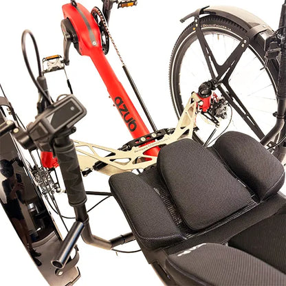Closeup front view of the seat, fenders, front suspension, motor, Bosch controller and universal mount on the Azub Ti-Fly X Bosch Performance CX Rohloff E14 Ruby Red Recumbent Trike With Dual 800 Wh Battery against a white background.