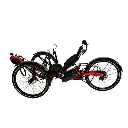 Non-drive side view of the Azub Ti-Fly X Bosch Performance CX Rohloff E14 Ruby Red Recumbent Trike With Dual 800 Wh Battery against a white background.