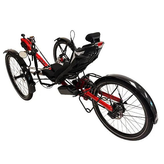 Angled rear view of the Azub Ti-Fly X Bosch Performance CX Rohloff E14 Ruby Red Recumbent Trike With Dual 800 Wh Battery against a white background.