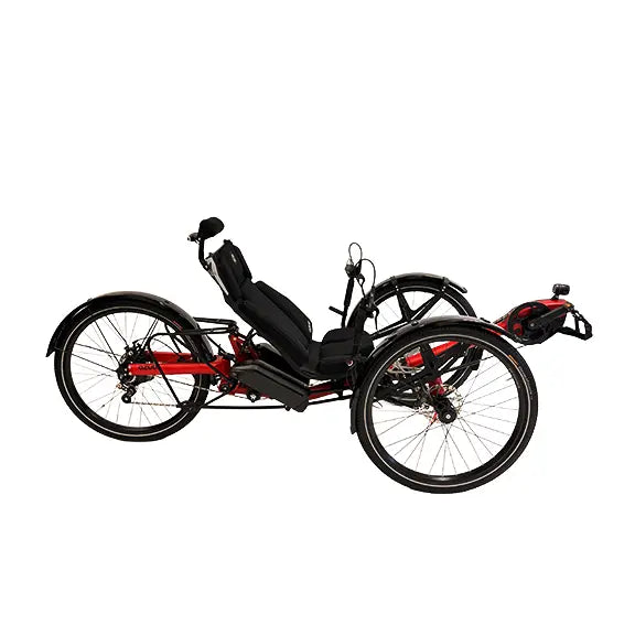 Side view of the Azub Ti-Fly X Bosch Performance CX Rohloff E14 Ruby Red Recumbent Trike With Dual 800 Wh Battery against a white background.
