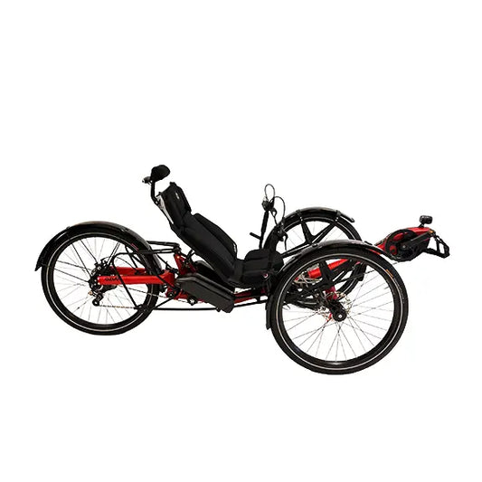 Side view of the Azub Ti-Fly X Bosch Performance CX Rohloff E14 Ruby Red Recumbent Trike With Dual 800 Wh Battery against a white background.