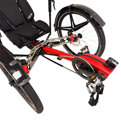 Closeup front view of the seat, fenders, front suspension, crankset, motor and light on the Azub Ti-Fly X Bosch Performance CX Rohloff E14 Ruby Red Recumbent Trike With Dual 800 Wh Battery against a white background.