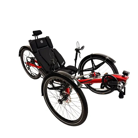 Angled side view of the Azub Ti-Fly X Bosch Performance CX Rohloff E14 Ruby Red Recumbent Trike With Dual 800 Wh Battery against a white background.