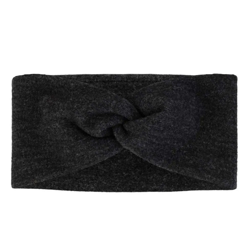 Image of the Buff Merino Fleece Headband Solid Black with a twist in the fabric in front against a white background.
