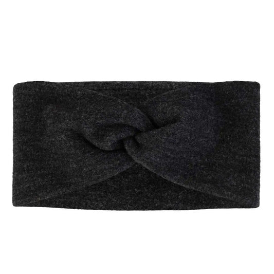 Image of the Buff Merino Fleece Headband Solid Black with a twist in the fabric in front against a white background.
