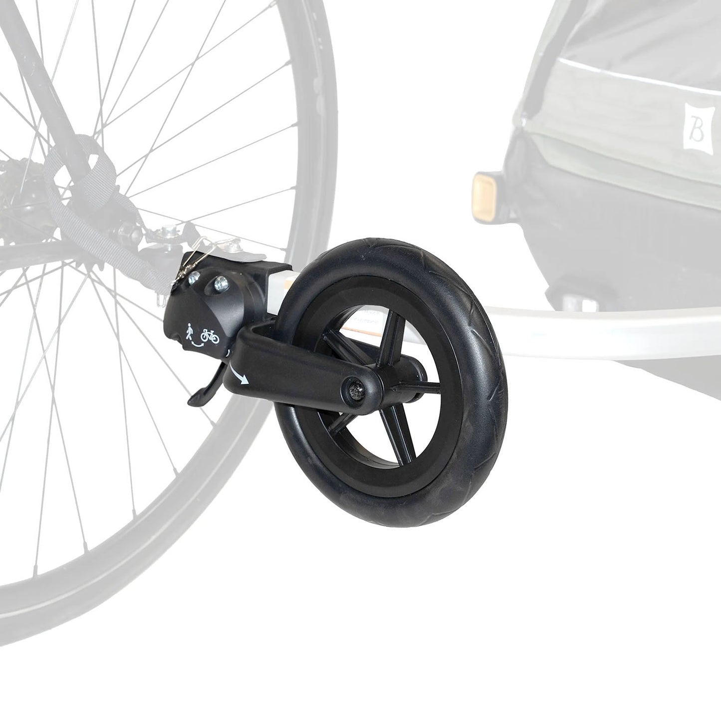 Burley 1-Wheel Stroller Kit, shown mounted on trailer and bicycle, in folded (storage) position.