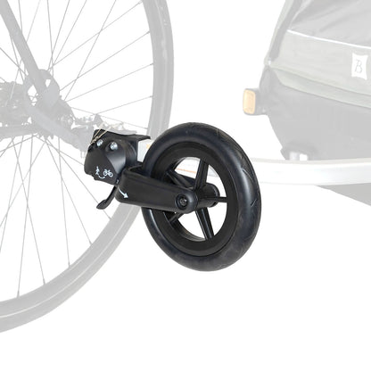Burley 1-Wheel Stroller Kit, shown mounted on trailer and bicycle, in folded (storage) position.
