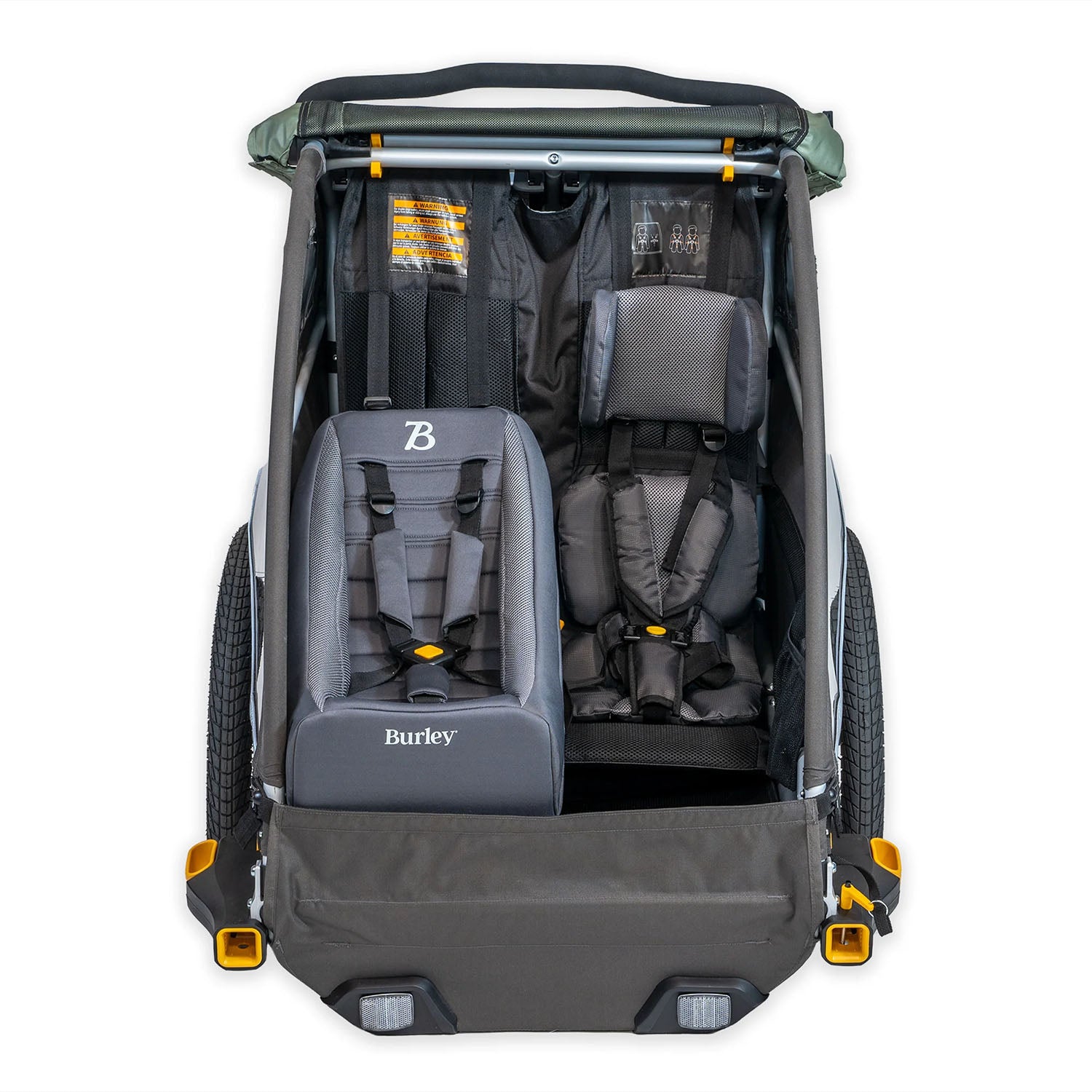 Front view of the Burley Baby Seat Insert shown mounted in a double Burley trailer.