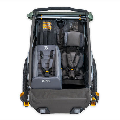 Front view of the Burley Baby Seat Insert shown mounted in a double Burley trailer.