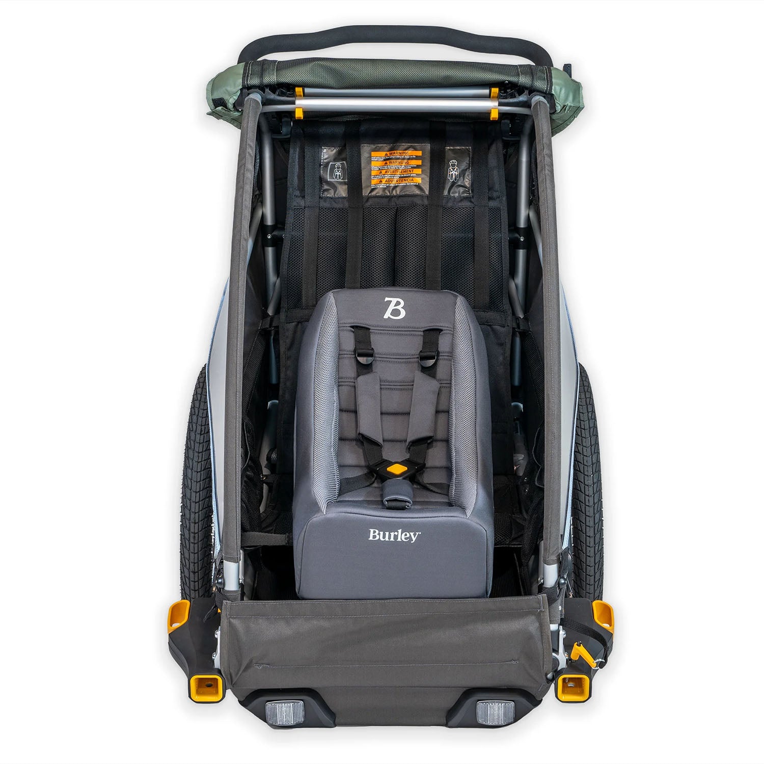Front view of the Burley Baby Seat Insert shown mounted in a single Burley trailer.