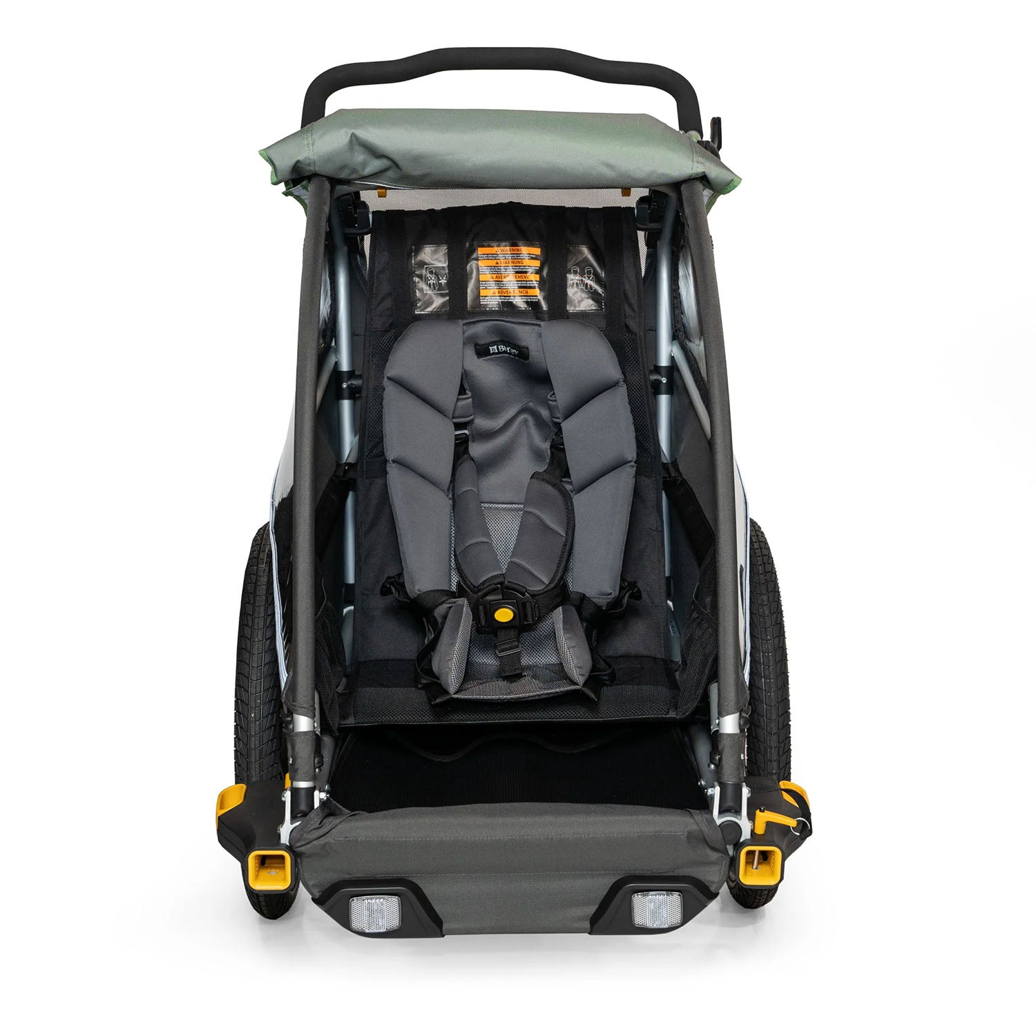 Front view of the Burley Baby Snuggler mounted in a Burley trailer.