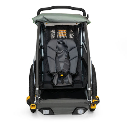 Front view of the Burley Baby Snuggler mounted in a Burley trailer.