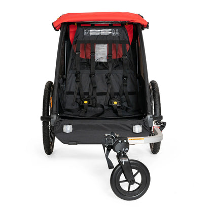 Front interior view of the Burley Honey Bee Double Child Trailer in Red, on a white background.