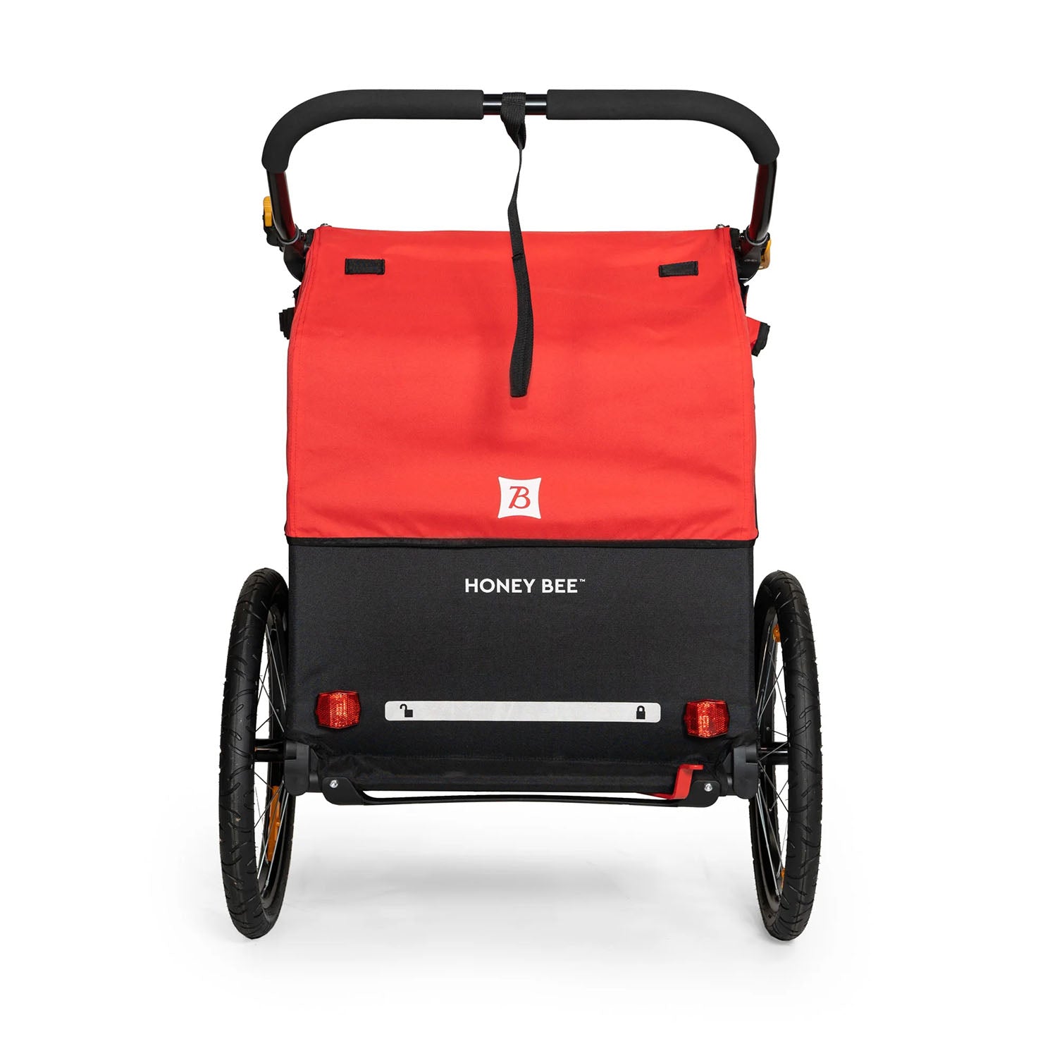 Rear view of the Burley Honey Bee Double Child Trailer in Red, on a white background.