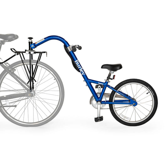Burley Kazoo Trailercycle in Blue, shown mounted on the Kazoo bicycle rear rack and on a bike.
