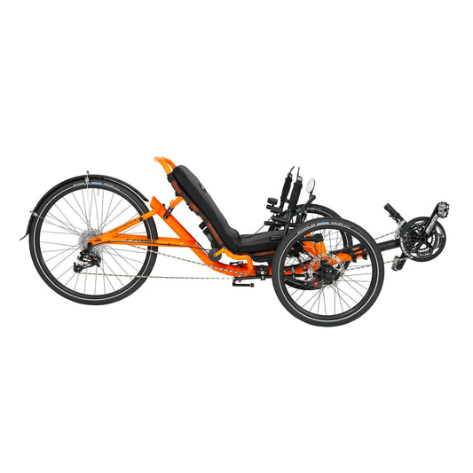 Atomic Orange Catrike 5.5.9. Recumbent Trike against a white background.