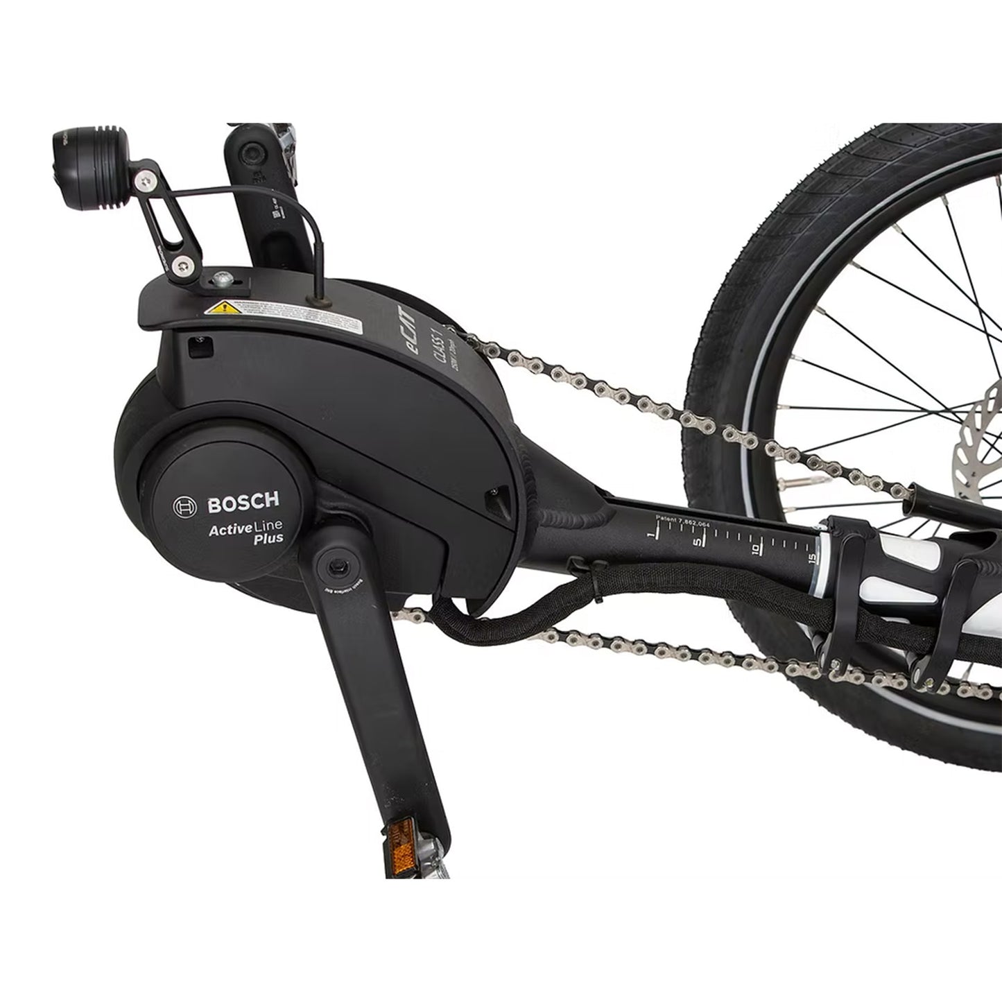 View of the e-assist motor and cranks on the Catrike All Road eCat with Bosch BES3 Recumbent Trike in Star White against a white background.