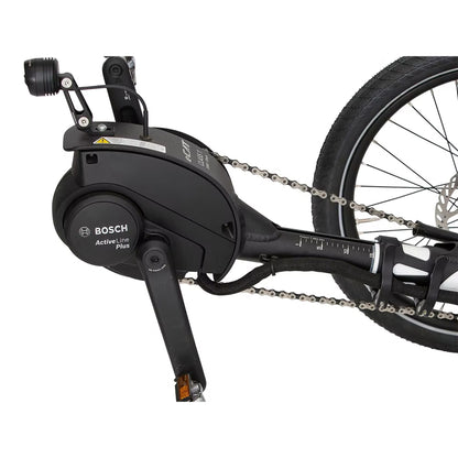 View of the e-assist motor and cranks on the Catrike All Road eCat with Bosch BES3 Recumbent Trike in Star White against a white background.